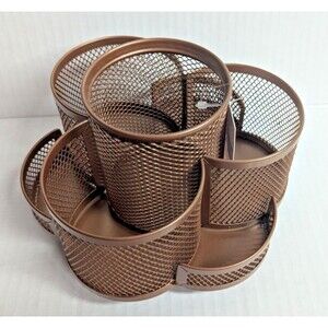 Brown Metal Mesh Desk Organizer 7 Compartments Rotating Makeup Storage Gift NEW